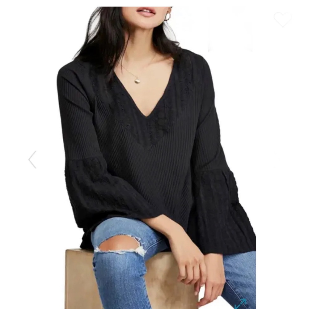 Free People Parisian Nights Bell Sleeve Eyelet waffle knit top